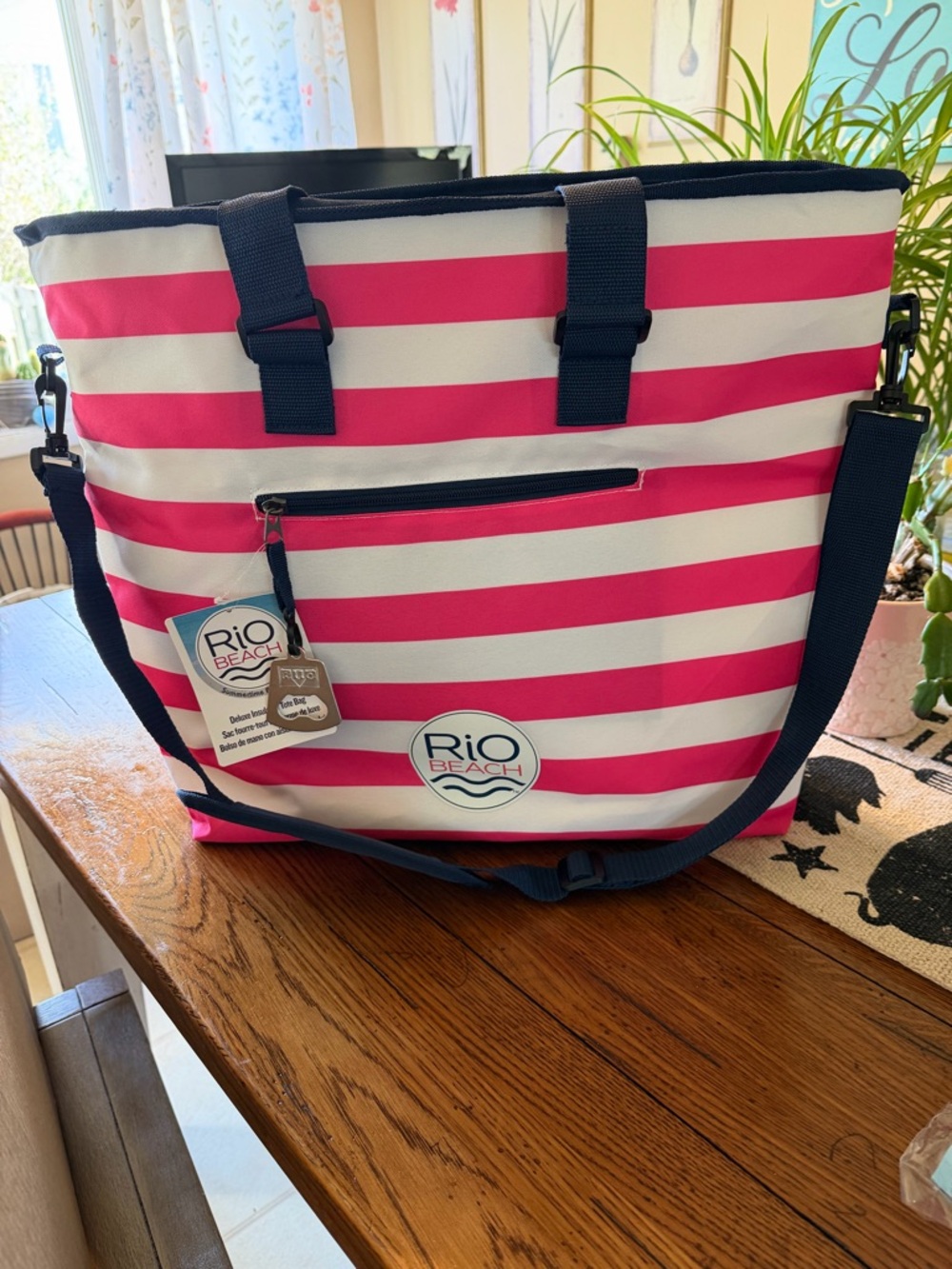 Pink & White Striped Tote with Navy Trim